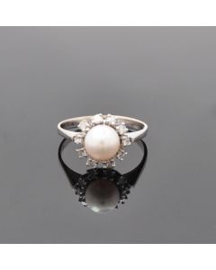 Ring Perle Diamant 14 K Weißgold 3,2 Gramm, Größe 54 